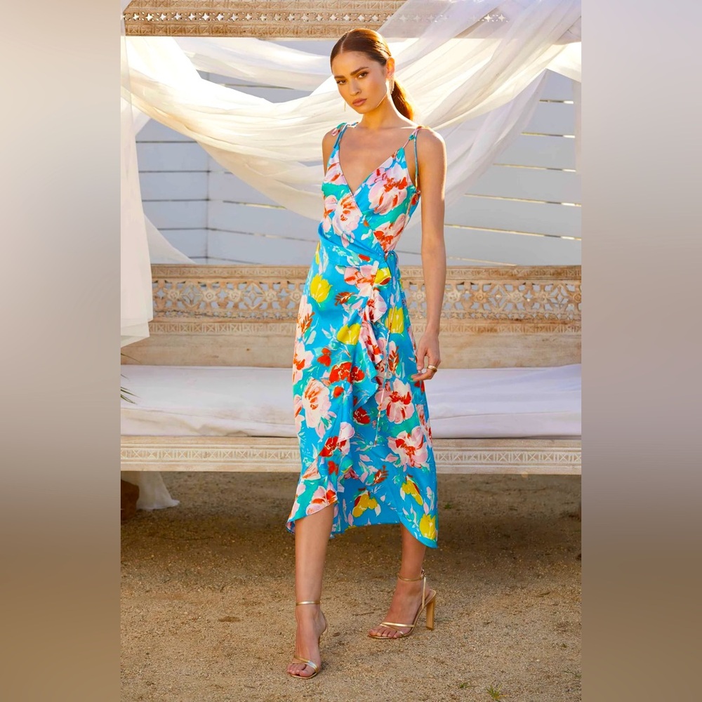 ASTR the Label Capri Blue Satin Front Tie Wrap Floral Midi Dress